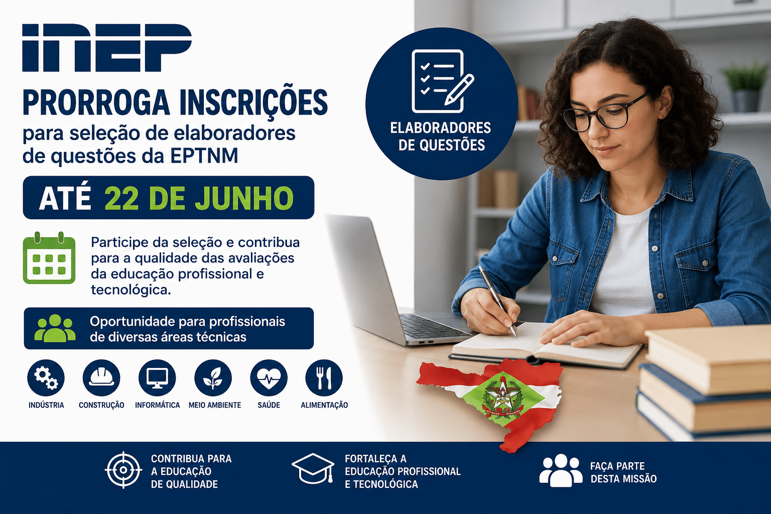 Profissional escrevendo em mesa de estudos com notebook, em imagem sobre seleção do Inep para elaboradores de questões da EPTNM.