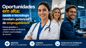 Profissionais sorrindo nas áreas de medicina, farmácia e tecnologia da informação, representando cursos com alta empregabilidade no Brasil.