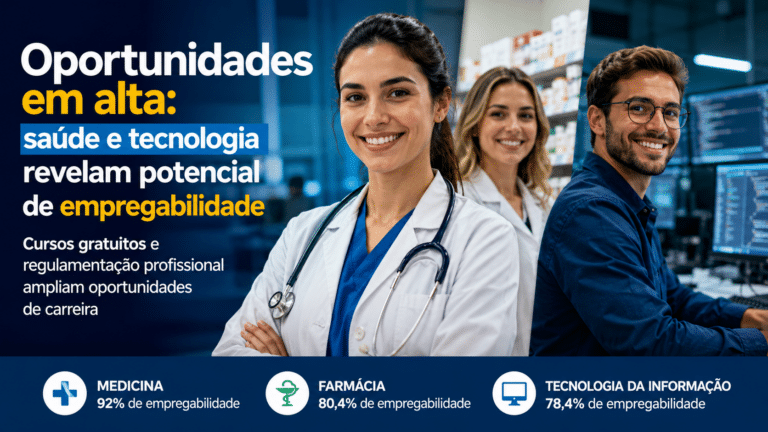 Profissionais sorrindo nas áreas de medicina, farmácia e tecnologia da informação, representando cursos com alta empregabilidade no Brasil.
