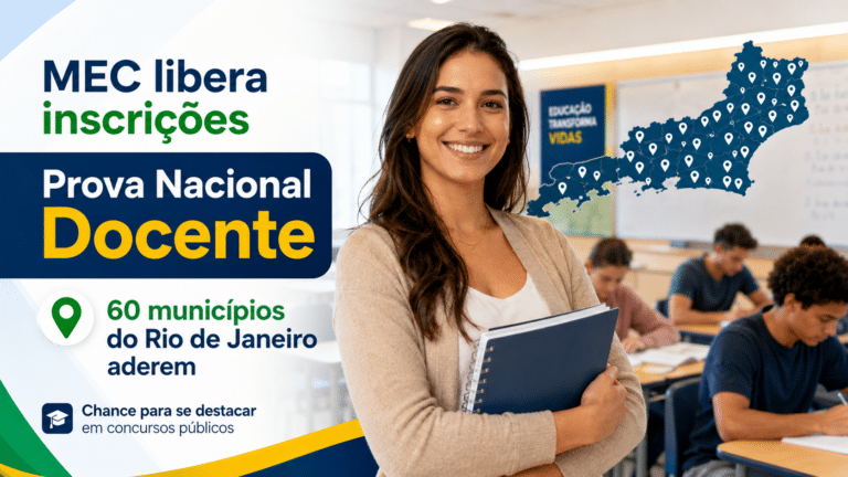 Professora sorrindo em sala de aula, com destaque para a Prova Nacional Docente e a adesão de 60 municípios do Rio de Janeiro.