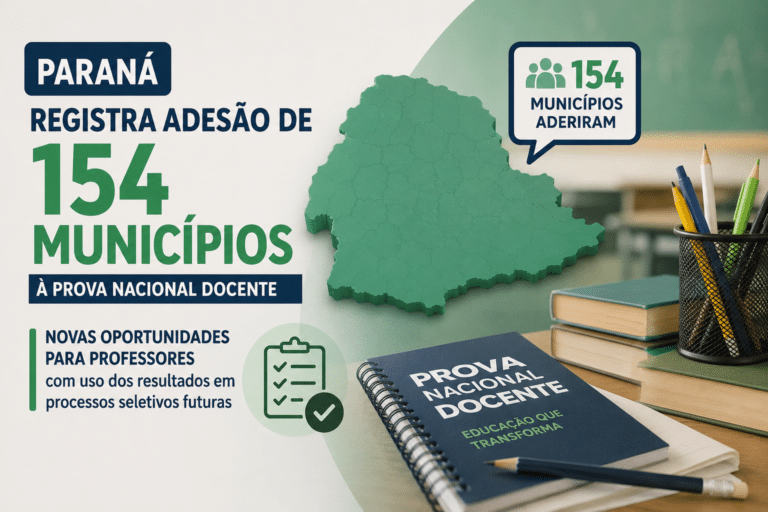 Mapa do Paraná com materiais de estudo, em imagem sobre a adesão de 154 municípios à Prova Nacional Docente e novas oportunidades para professores.