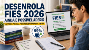 Estudante sorrindo ao consultar informações sobre o Desenrola Fies 2026 em um notebook, com destaque para renegociação de dívida estudantil.