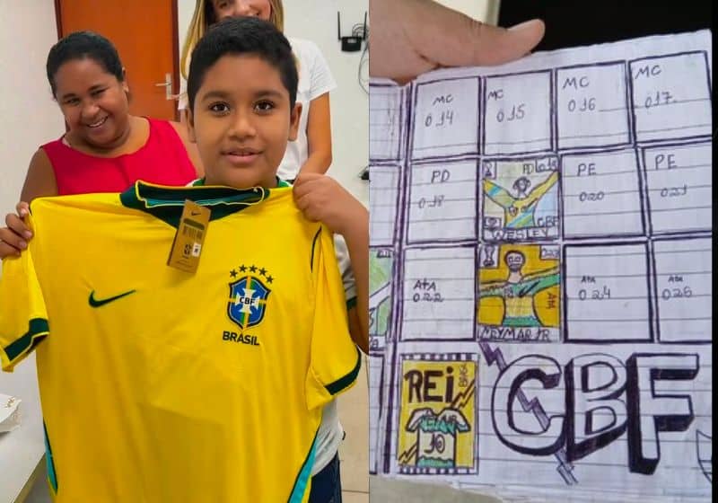 Menino artista ganha álbum oficial da Copa e camisa da Seleção em emocionante surpresa que inspira o Brasil