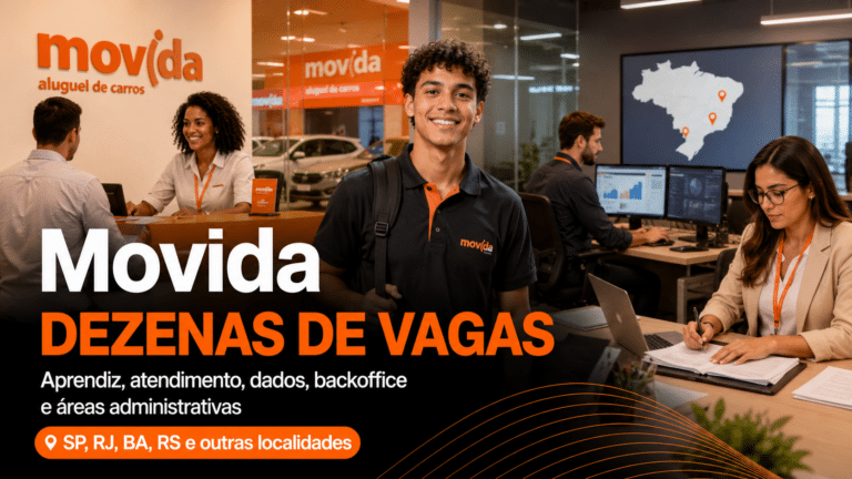 Movida reúne dezenas de vagas, banco de talentos e oportunidades para aprendiz, atendimento, dados, backoffice e áreas administrativas em SP, RJ, BA, RS e outras localidades