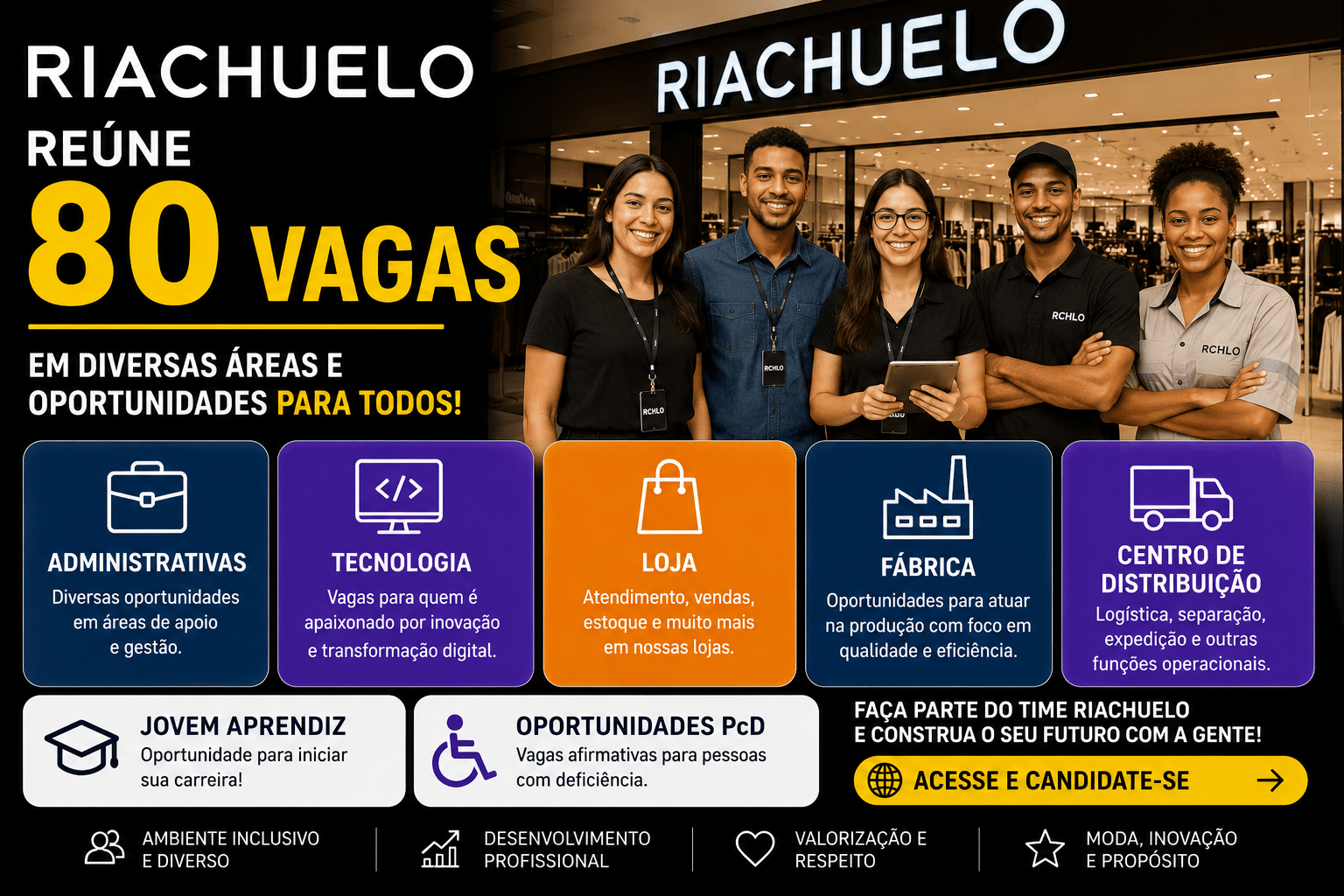 Riachuelo reúne 80 vagas em áreas administrativas, tecnologia, loja, fábrica e centro de distribuição, além de aprendiz e oportunidades PcD