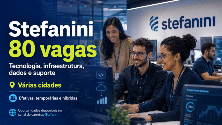 Stefanini reúne 80 vagas em tecnologia, infraestrutura, dados e suporte em várias cidades, com posições efetivas, temporárias e opções híbridas no canal de carreiras
