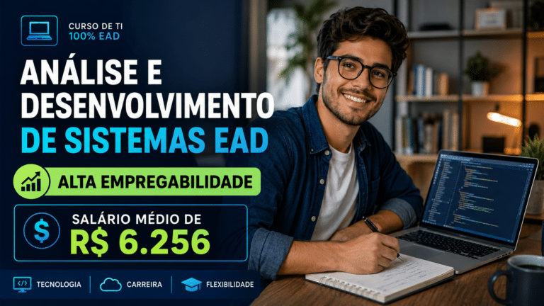 Estudante de tecnologia sorrindo em frente ao notebook com código na tela, em imagem sobre o curso de análise e desenvolvimento de sistemas EAD.