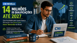 Profissional em ambiente de estudo analisando informações sobre a necessidade de 14 milhões de qualificações até 2027 no Brasil.