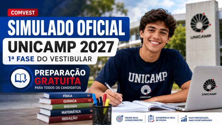 Candidato sorrindo enquanto estuda para o vestibular da Unicamp 2027, com destaque para simulado oficial gratuito da primeira fase.