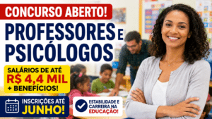 Professores e psicólogos sorrindo em ambiente escolar com referência à Prefeitura de Jardinópolis, em imagem sobre concurso público municipal na área da educação.