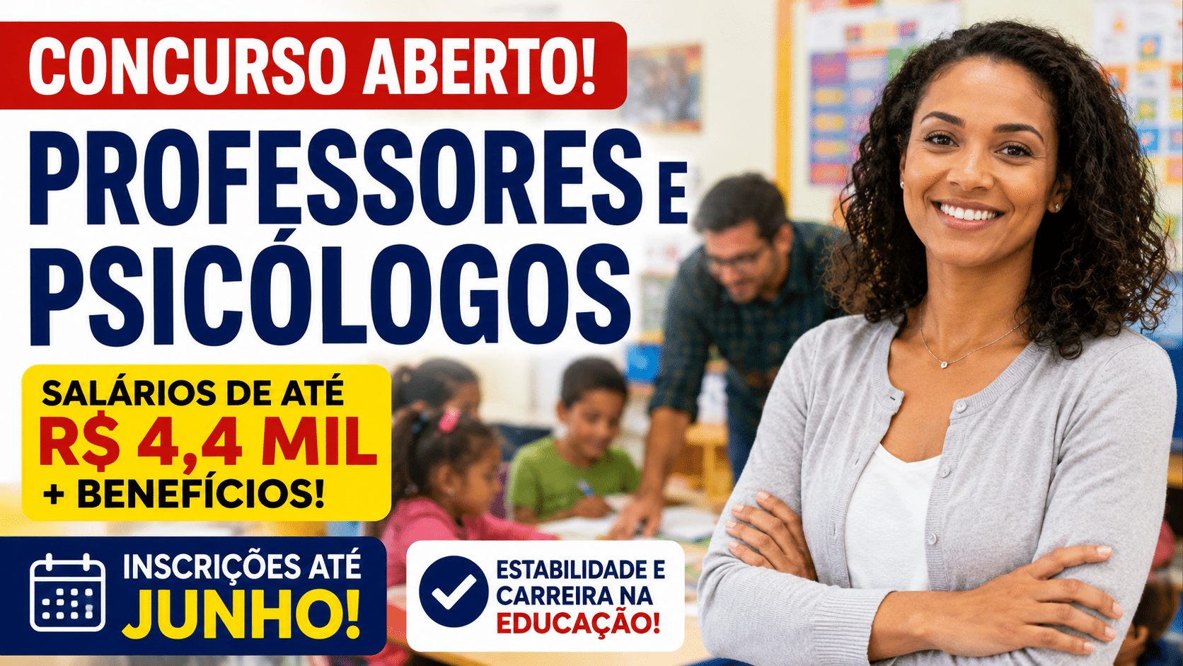 Professores e psicólogos sorrindo em ambiente escolar com referência à Prefeitura de Jardinópolis, em imagem sobre concurso público municipal na área da educação.