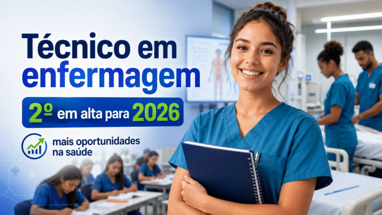 Estudante de técnico em enfermagem sorrindo em ambiente de formação na saúde, com alunos e profissionais ao fundo.