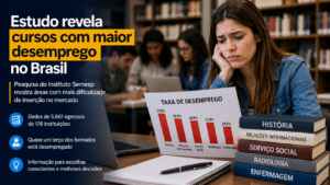 Estudante preocupada analisa gráfico sobre cursos superiores com maior taxa de desemprego no Brasil, com livros de História, Relações Internacionais, Serviço Social, Radiologia e Enfermagem ao lado.