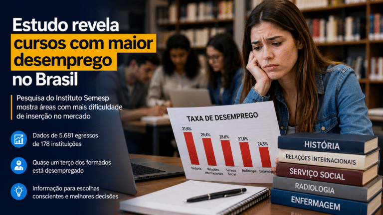 Estudante preocupada analisa gráfico sobre cursos superiores com maior taxa de desemprego no Brasil, com livros de História, Relações Internacionais, Serviço Social, Radiologia e Enfermagem ao lado.