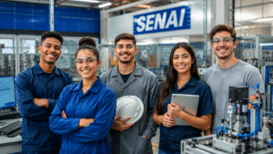 Estudantes sorrindo em ambiente técnico do SENAI, com equipamentos industriais e estrutura de formação profissional.