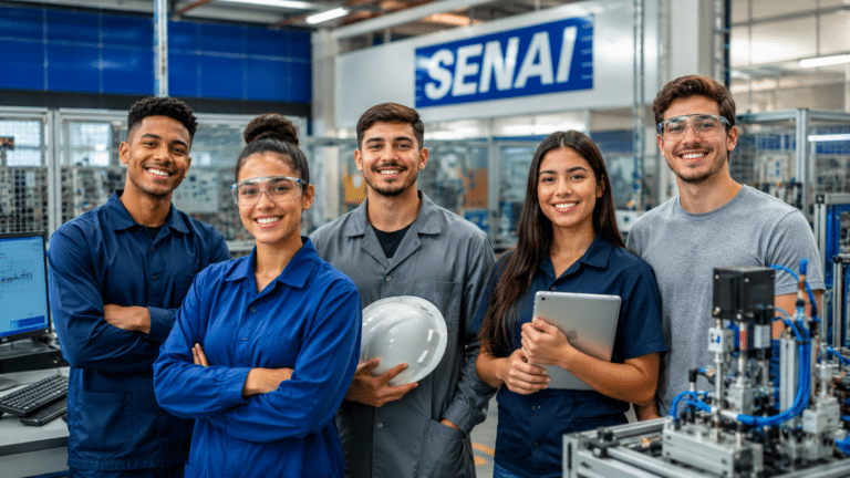 Estudantes sorrindo em ambiente técnico do SENAI, com equipamentos industriais e estrutura de formação profissional.