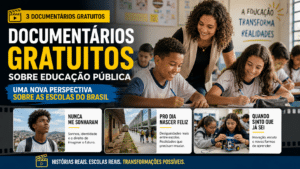 Professora e estudantes em sala de aula, com destaque para documentários gratuitos sobre educação pública no Brasil.