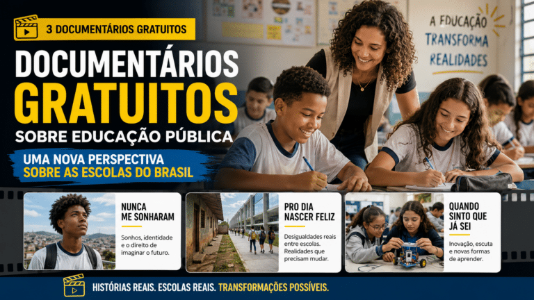Professora e estudantes em sala de aula, com destaque para documentários gratuitos sobre educação pública no Brasil.
