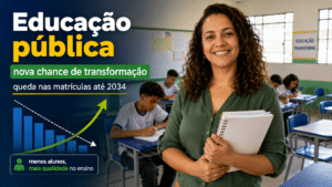 Professora sorrindo em sala de aula com alunos estudando e gráfico de transformação, representando a queda nas matrículas e novas oportunidades para a educação pública até 2034.