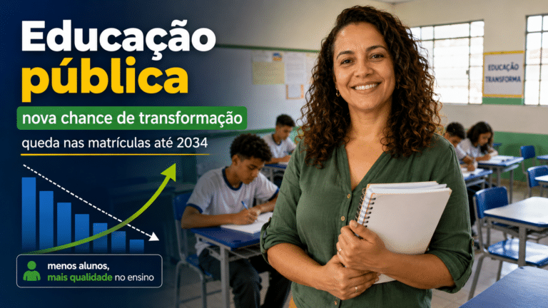Professora sorrindo em sala de aula com alunos estudando e gráfico de transformação, representando a queda nas matrículas e novas oportunidades para a educação pública até 2034.