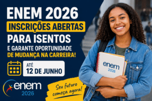 Estudante sorrindo segurando cadernos em imagem sobre o Enem 2026, com destaque para inscrições abertas para isentos até 12 de junho.