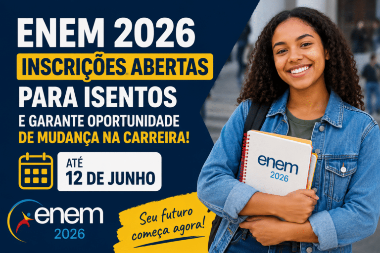 Estudante sorrindo segurando cadernos em imagem sobre o Enem 2026, com destaque para inscrições abertas para isentos até 12 de junho.