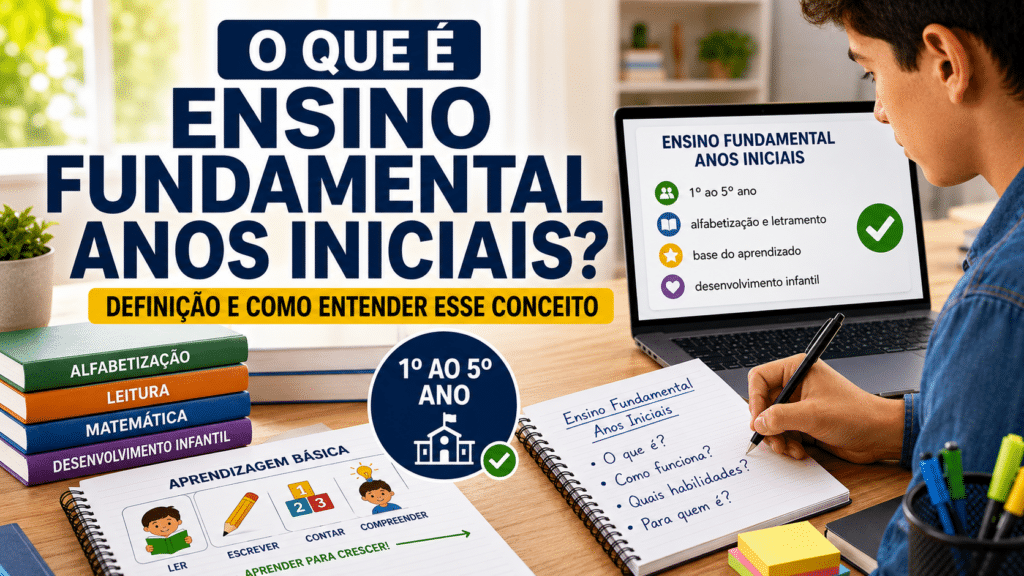 Estudante fazendo anotações sobre ensino fundamental anos iniciais, com livros, caderno e notebook em ambiente de estudo.