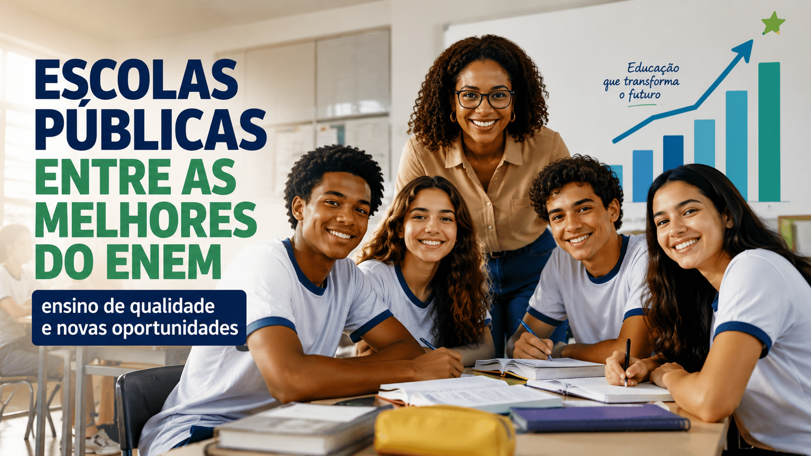 Professora sorrindo com estudantes em sala de aula, em imagem sobre escolas públicas entre as melhores do Enem e ensino de qualidade.