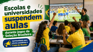 Alunos em sala de aula assistindo ao jogo da Seleção Brasileira, em imagem sobre escolas e universidades que suspendem aulas durante a Copa do Mundo.