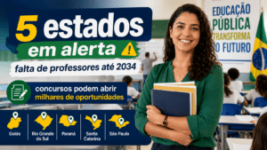 Professora sorrindo em sala de aula com destaque para a falta de professores em cinco estados e possíveis concursos na educação até 2034.