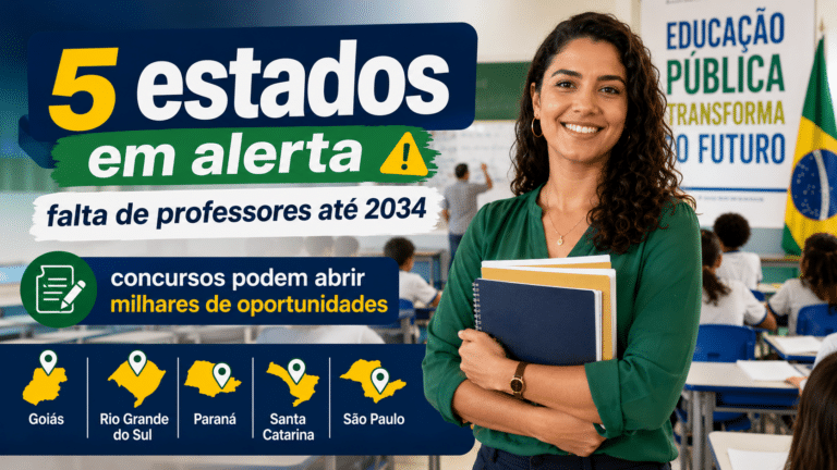 Professora sorrindo em sala de aula com destaque para a falta de professores em cinco estados e possíveis concursos na educação até 2034.