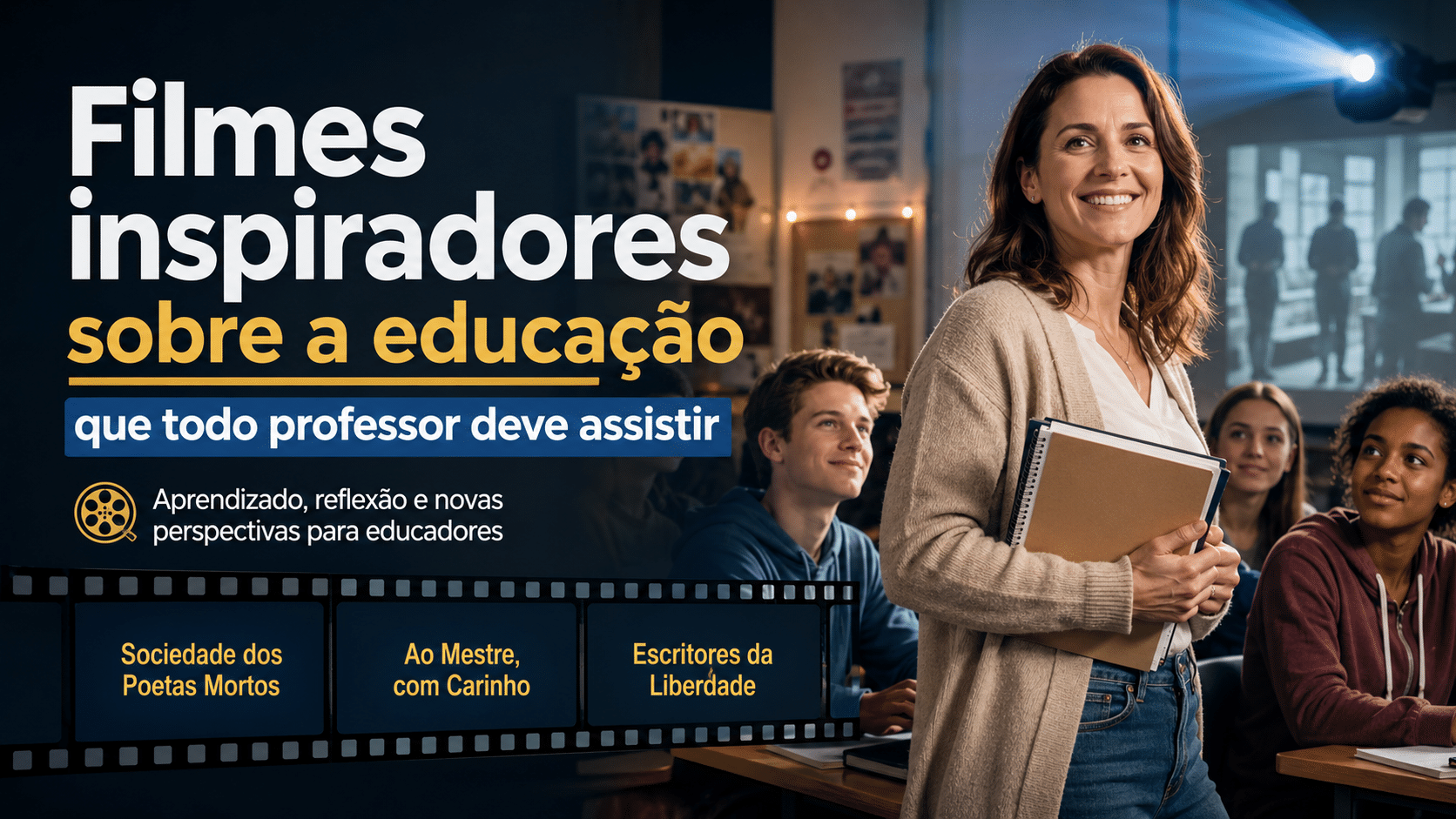 Professora sorrindo em sala de aula com alunos assistindo a uma projeção, representando filmes inspiradores sobre educação.
