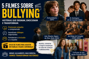 Montagem cinematográfica sobre filmes que abordam bullying, inclusão e empatia entre crianças e adolescentes.