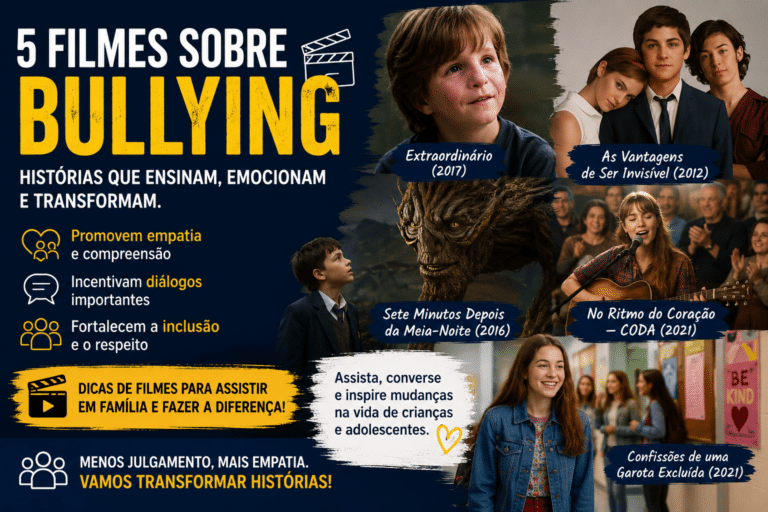 Montagem cinematográfica sobre filmes que abordam bullying, inclusão e empatia entre crianças e adolescentes.