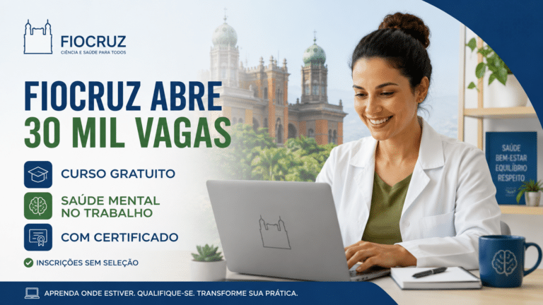 Profissional da saúde usando notebook em ambiente de estudo, em imagem sobre curso gratuito da Fiocruz sobre saúde mental no trabalho com certificado.