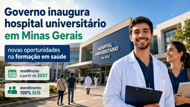 Profissionais da saúde em frente ao Hospital Universitário da UFSJ, em Divinópolis, durante inauguração de nova unidade voltada ao SUS e à formação acadêmica.