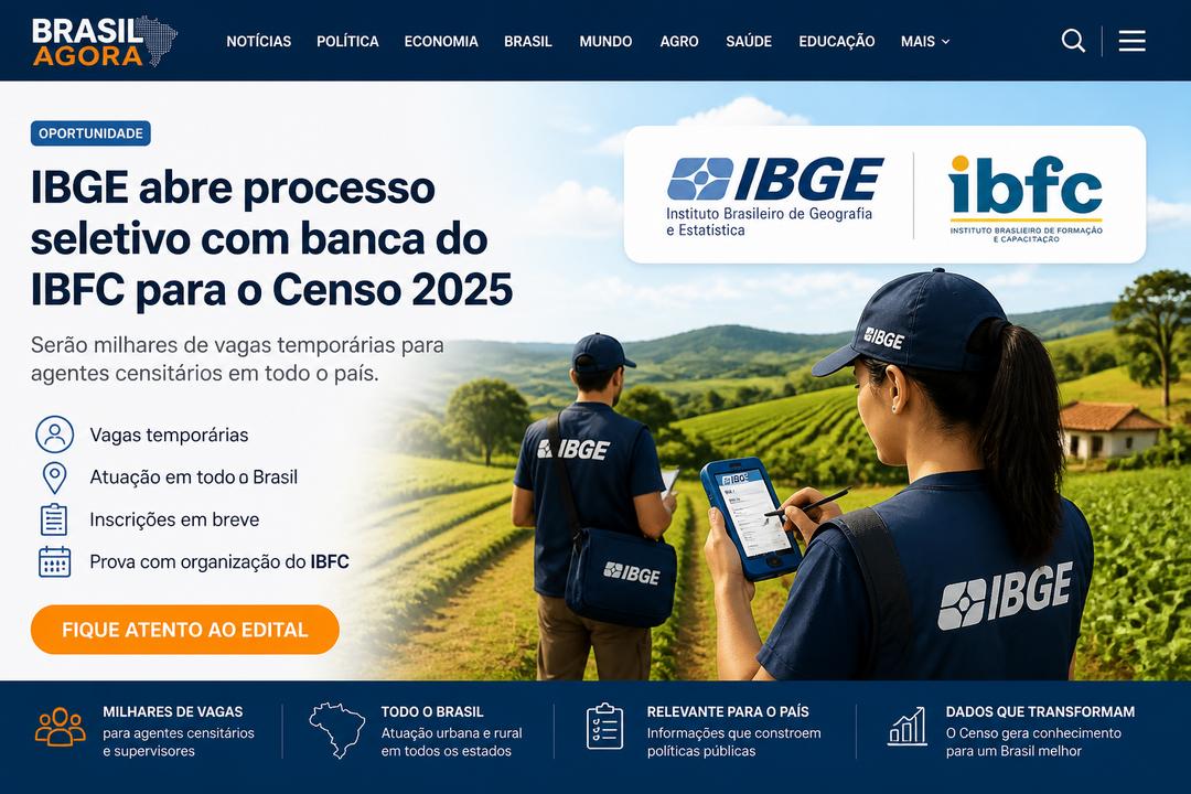 Imagem editorial sobre IBGE abre processo seletivo simplificado com 8.238 vagas para agentes do Censo Agropecuário, Florestal e Aquícola; inscrições