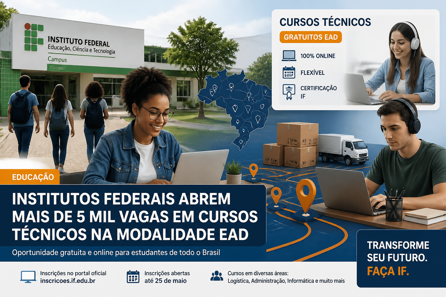 Imagem editorial sobre IF Goiano abre 100 vagas gratuitas para Técnico em Logística EaD no Campus Hidrolândia; inscrições vão até 30 de junho e seleção