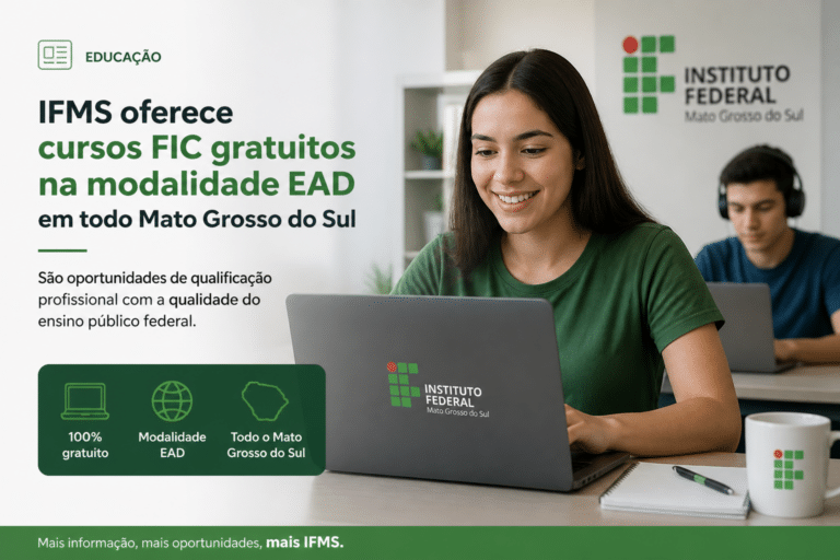 Imagem editorial sobre IFMS abre processo seletivo com cursos FIC EAD gratuitos para o 2º semestre de 2026; inscrições vão até 2 de julho e seleção será