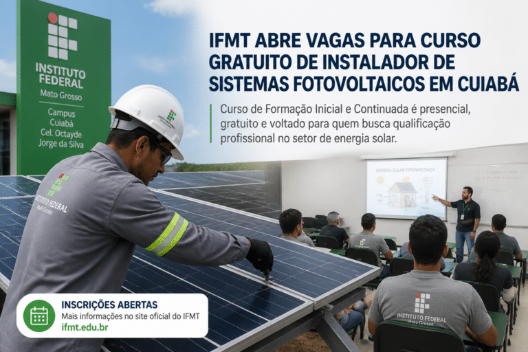 Imagem editorial sobre IFMT abre 30 vagas gratuitas para curso FIC de Instalador de Sistemas Fotovoltaicos em Cuiabá; inscrições vão de 25 de junho a 3 de