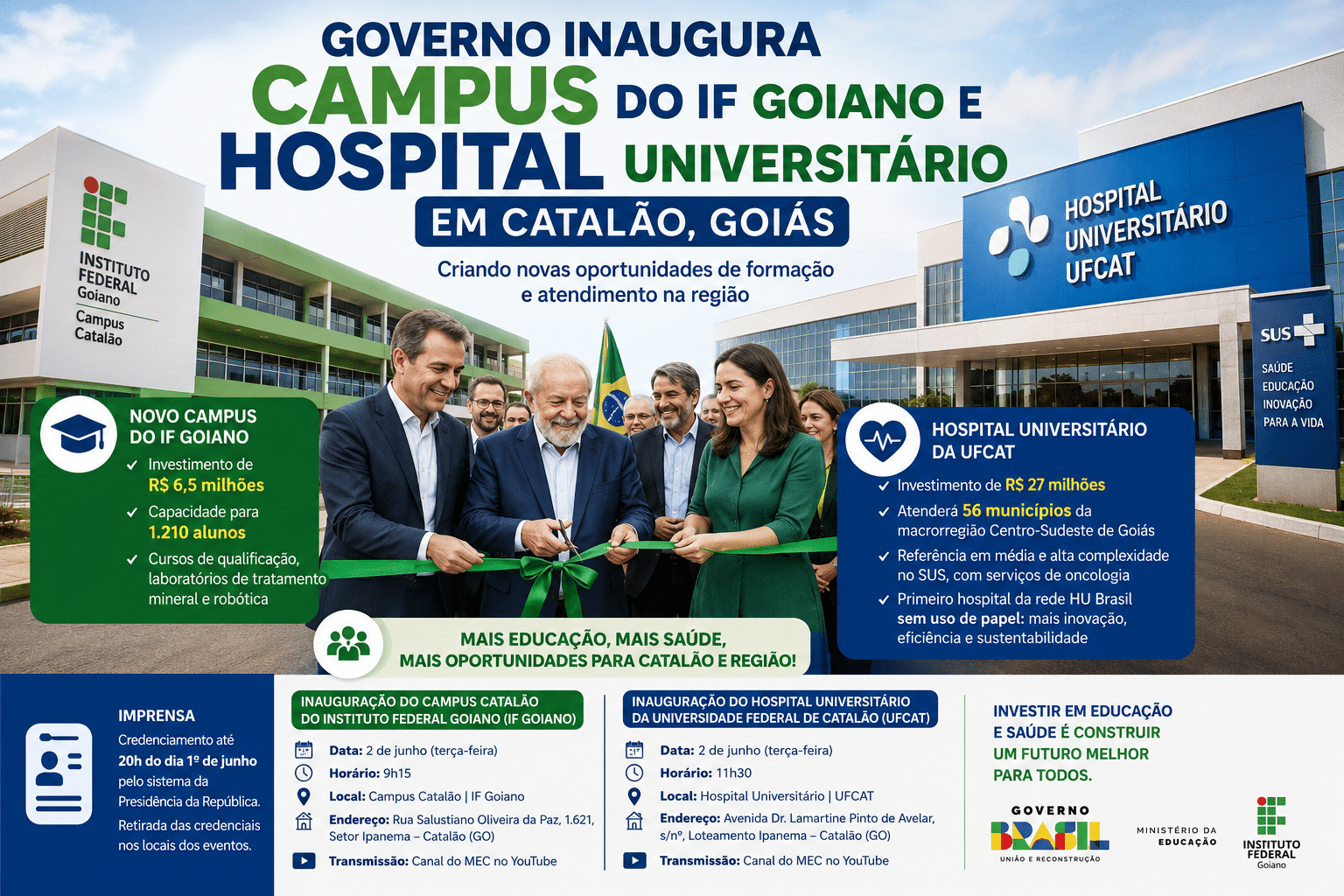Presidente Lula participa da inauguração do novo campus do IF Goiano e do Hospital Universitário da UFCAT em Catalão, ampliando o acesso à educação profissional e aos serviços de saúde em Goiás.