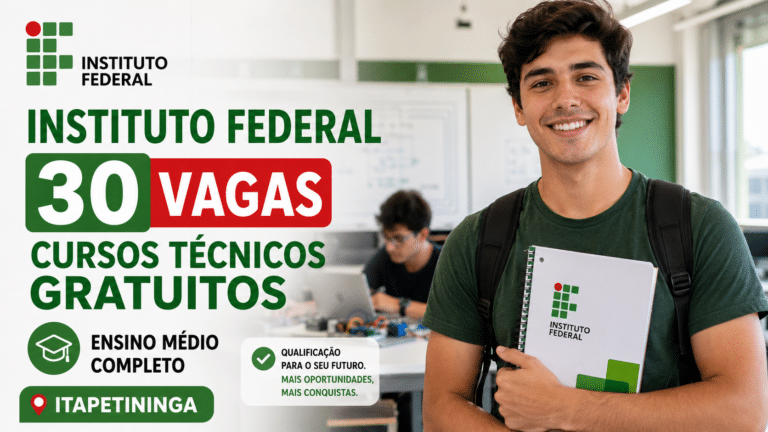 Estudante sorrindo em ambiente de curso técnico do Instituto Federal, com destaque para 30 vagas gratuitas em Itapetininga para quem concluiu o ensino médio.