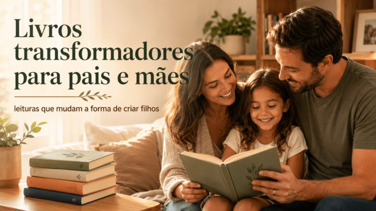 Pais e filha lendo juntos no sofá de casa, em imagem sobre livros transformadores para pais e mães e educação dos filhos.