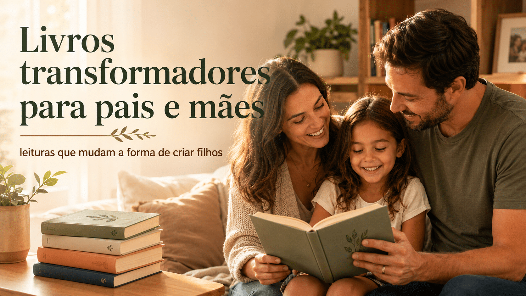 Pais e filha lendo juntos no sofá de casa, em imagem sobre livros transformadores para pais e mães e educação dos filhos.