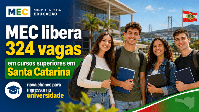 Estudantes sorrindo em frente a uma instituição de ensino superior em Santa Catarina, em imagem sobre 324 vagas liberadas pelo MEC.