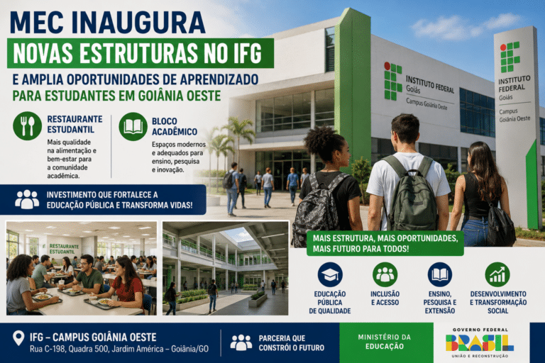 Estudantes em frente ao Campus Goiânia Oeste do IFG, em imagem sobre inauguração de novas estruturas pelo MEC para ampliar oportunidades de aprendizado.