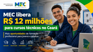 Jovens estudantes em laboratório técnico, em imagem sobre investimento do MEC de R$ 12 milhões para cursos técnicos no Ceará.