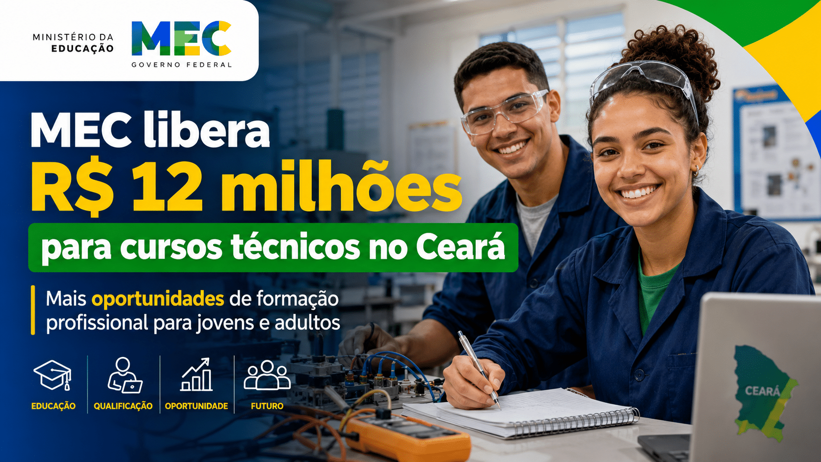 Jovens estudantes em laboratório técnico, em imagem sobre investimento do MEC de R$ 12 milhões para cursos técnicos no Ceará.