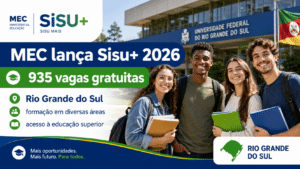 Grupo de estudantes em frente a instituição de ensino no Rio Grande do Sul, em imagem sobre o lançamento do Sisu+ 2026 com 935 vagas gratuitas.