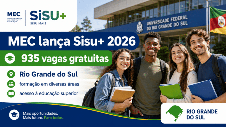 Grupo de estudantes em frente a instituição de ensino no Rio Grande do Sul, em imagem sobre o lançamento do Sisu+ 2026 com 935 vagas gratuitas.